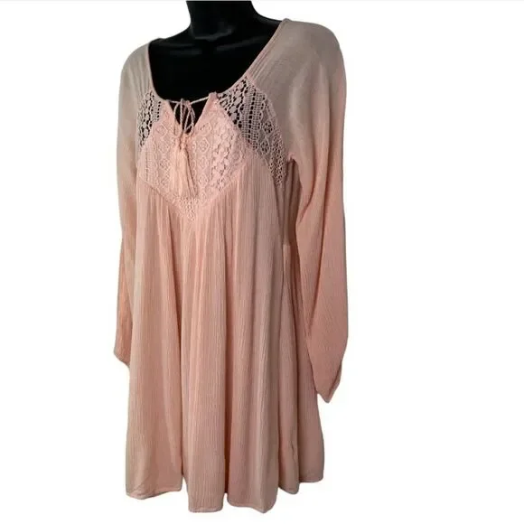 PURPLE Snow Boho Tunic Top Pale Pink Gauze Crochet Long Sleeves Size: L - Picture 6 of 9